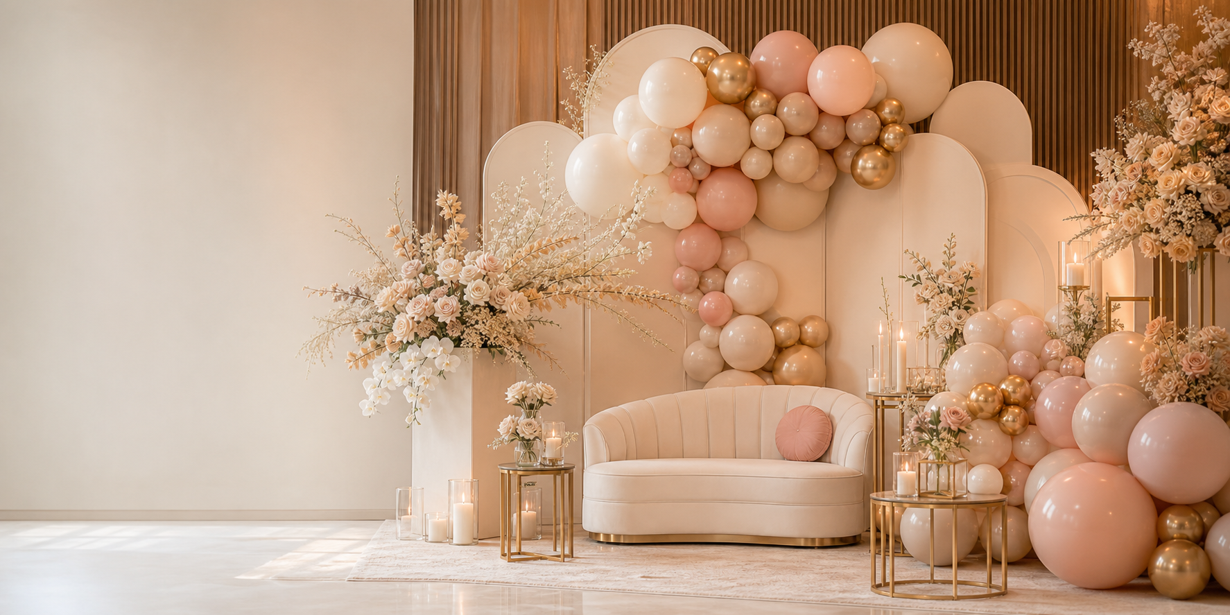 Luxury Houston event setup with champagne, blush, ivory and soft gold balloon décor, floral arrangements and cream seating